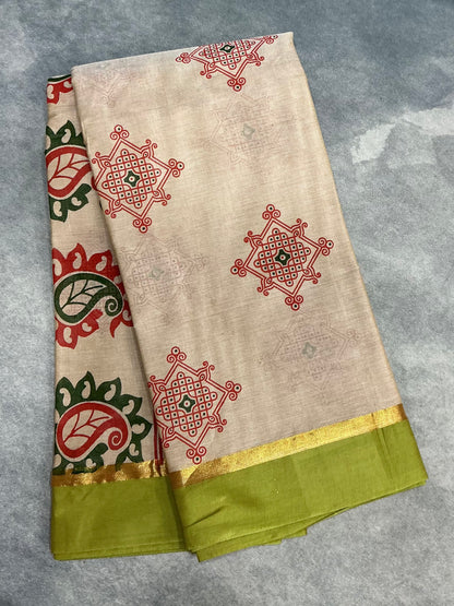 Chettinad Sungudi Cotton Cream Colour with Olive Green Colour Border