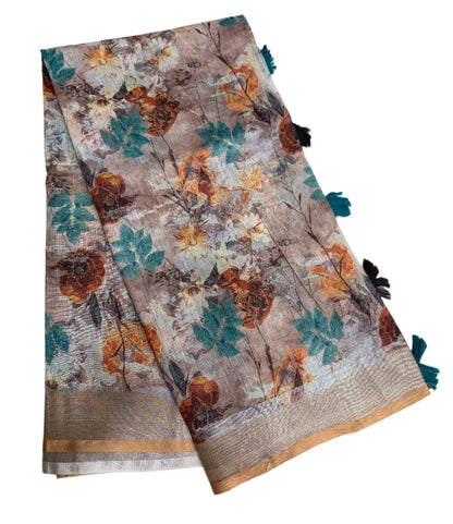 Jute Cotton Saree Brown Colour with Thread Border