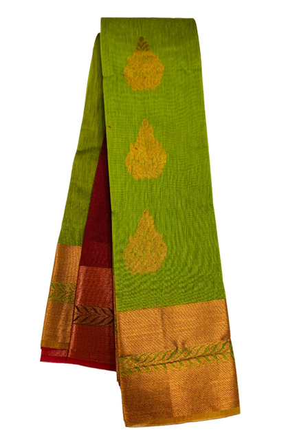 Olive Green Shade Silk Cotton Saree with Copper Zari Border