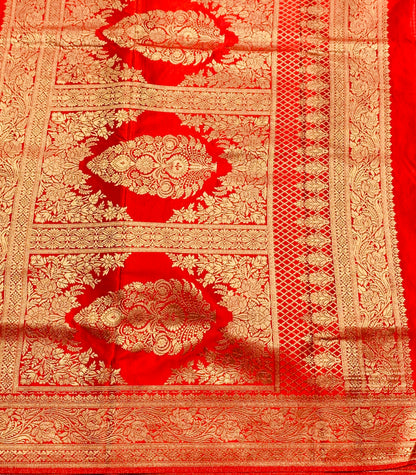 Banaras Saree Red Colour with Golden Colour Floral Design Border