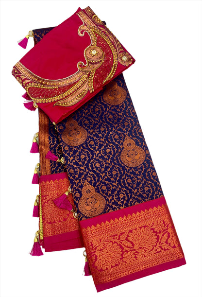 Bridal Vegan Silk Saree Navy Blue shade with Pink Border with Unstitched blouse in Aari work