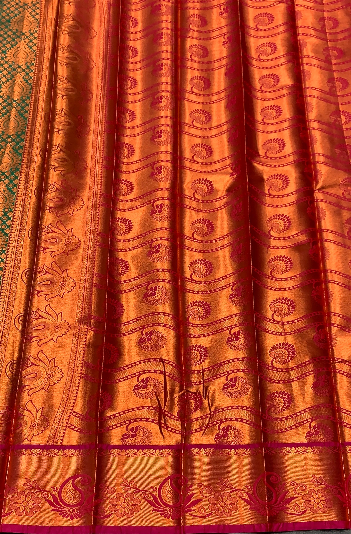Vegan Silk Saree Green Colour with Magenta and Copper Border