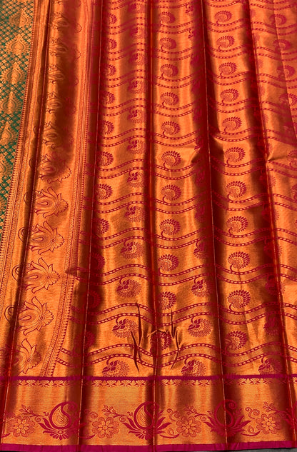 Vegan Silk Saree Green Colour with Magenta and Copper Border