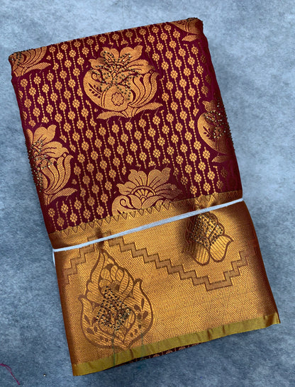 Vegan Silk Saree Brown Colour with Copper and Golden Yellow Border