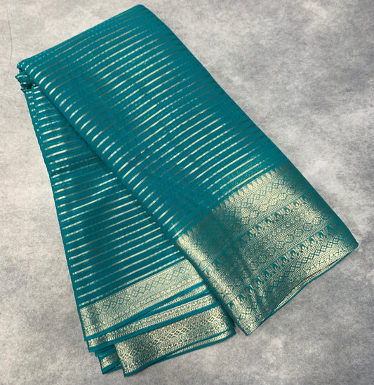 Georgette Saree Rama Green Colour with Sliver Floral Design Border