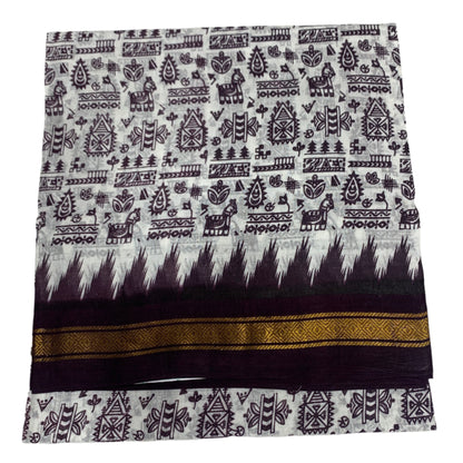 Chettinad Sungudi Cotton White Colour with Printed Saree with Brown Border