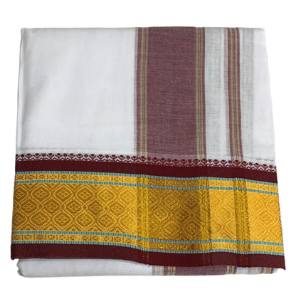 9X5 Cotton Dhoti White Colour with Yellow and  Brown Border