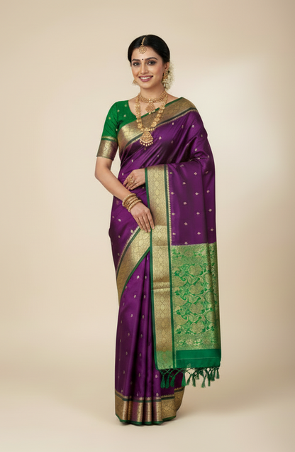 Magenta Colour Saree with Golden and Green Border