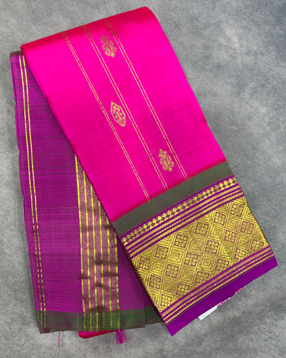 Pure Kanchipuram Silk Saree Pink Colour with Purple and Gold Zari Border