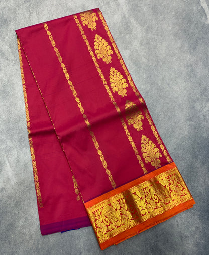 Magenta Pink shade Semi Silk Kids Pattu Pavadai with Contrast border for age above 10 years