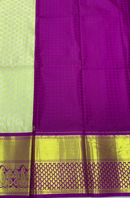 Ivory shade Vegan Silk Kids Pattu Pavadai with Contrast border for age above 10 years