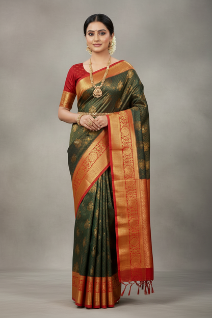 Art Silk Saree Green Shade with Red Border