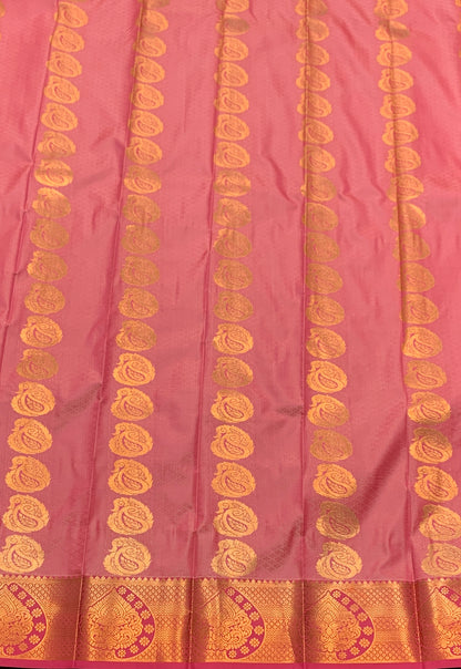 Vegan Silk Saree Peach Colour Saree with Copper and Pink Border