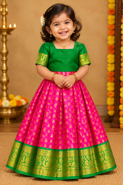 Pink Shade Pure Kanchipuram Kids Pattu Pavadai with Contrast Border for age 2 to 5