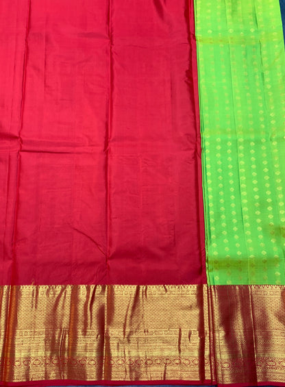 Parrot Green Shade Pure Kanchipuram Kids Pattu Pavadai with Contrast Border for Age Above 10 Years