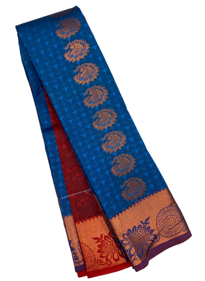 Vegan Silk Saree Sky Blue Colour with Copper and Purple Border