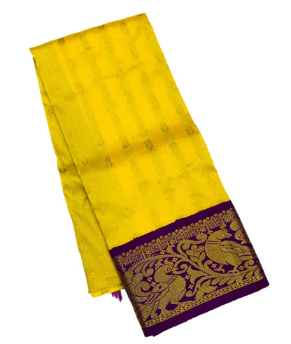 Yellow shade Pure kanchipuram Kids Pattu Pavadai with contrast border for newborn to 2 Years