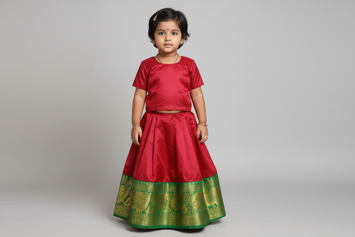Maroon Shade Pure Kanchipuram Kids Pattu Pavadai with Contrast Border for age 2 to 5