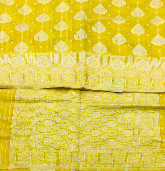 Banaras Katan Saree Lemon Yellow Colour with Katan Work Border