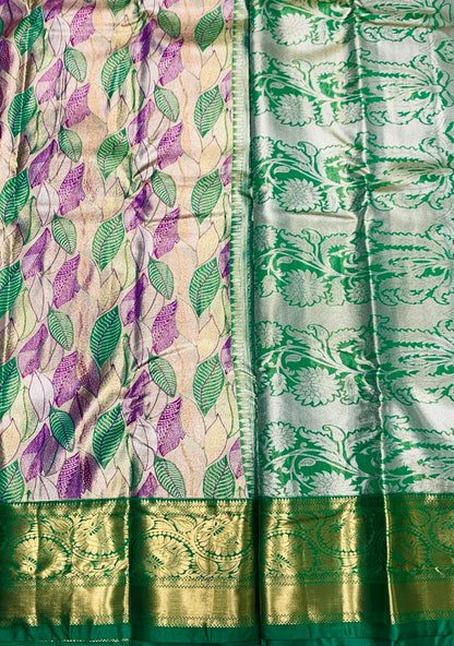 Purple & Green Leaf Soft Kanchi Tissue Pattu Saree with Green border