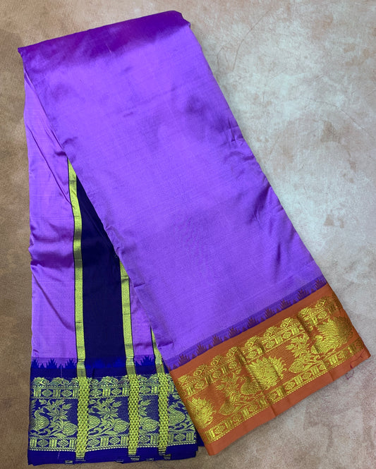 9X5 Pure Silk Dhoti Magenta Colour with Orange and Blue Ganga Jamuna Border