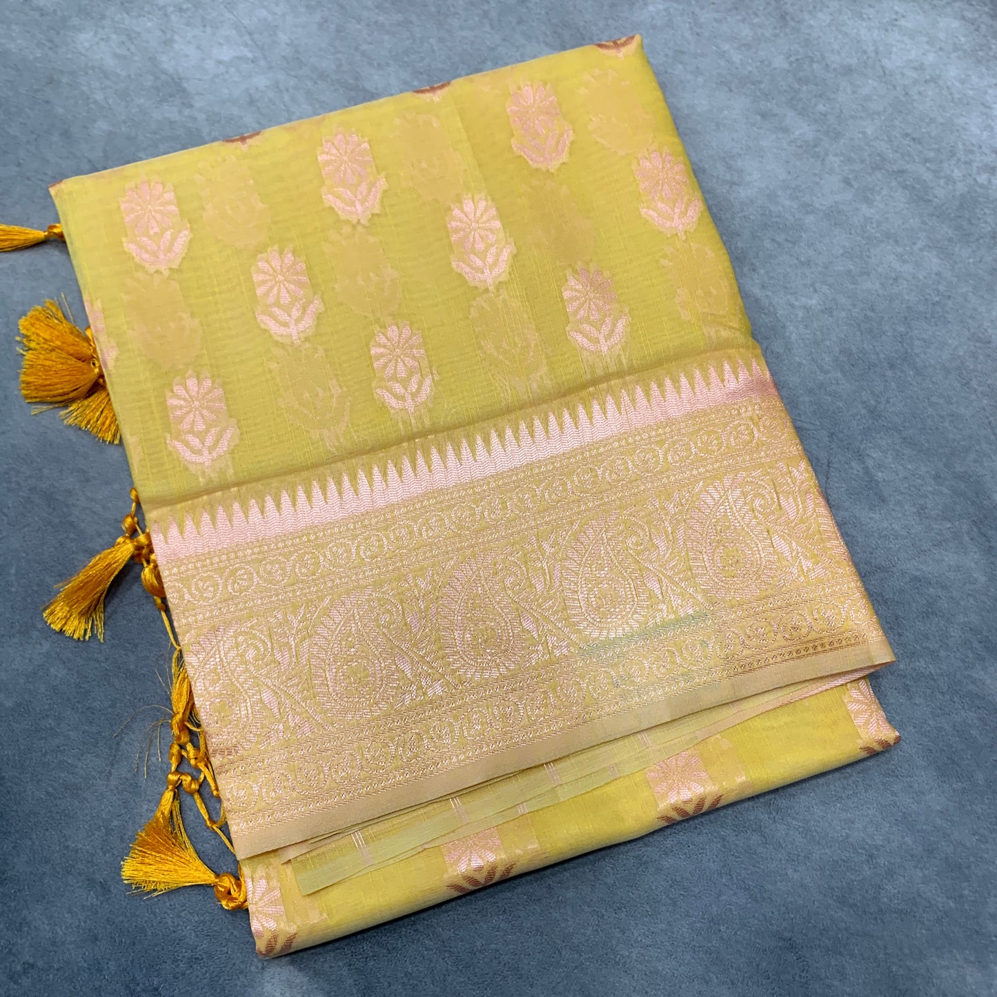 Banaras Katan Saree Yellow Colour with Katan Work Border