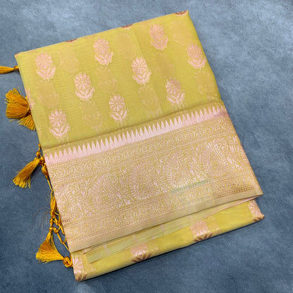 Banaras Katan Saree Yellow Colour with Katan Work Border