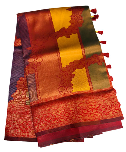 Art Silk Four Colour Saree with Maroon Border