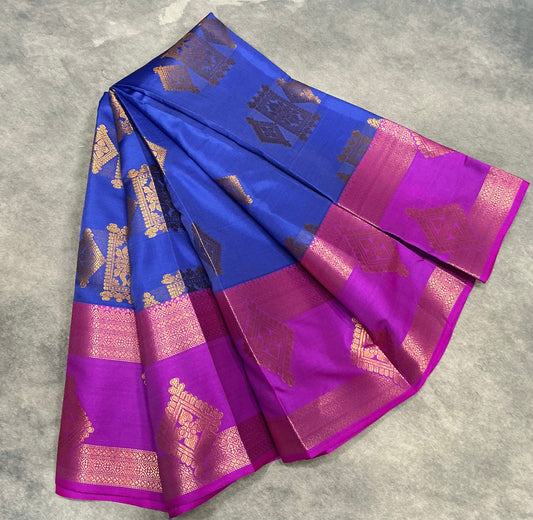 Soft Silk Casual Saree Ink Blue with Rettai Pettu Magenta Colour Border