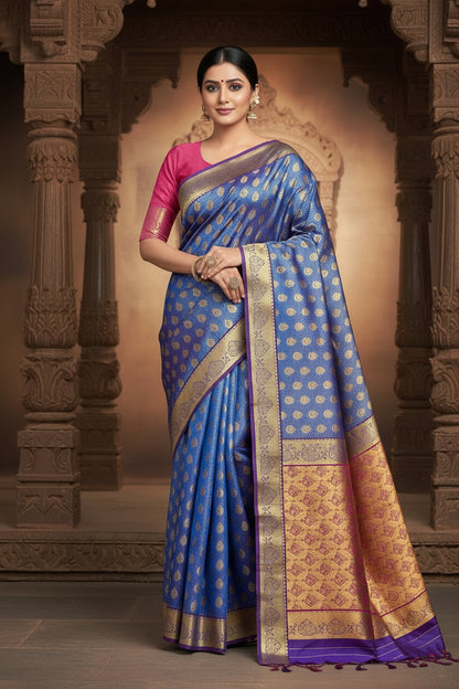 Vegan Silk Saree Blue Colour with Pink and Copper Border