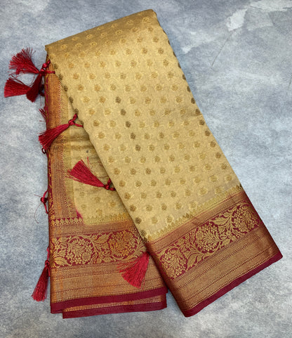 Crepe Saree Sandal Colour with Maroon Border