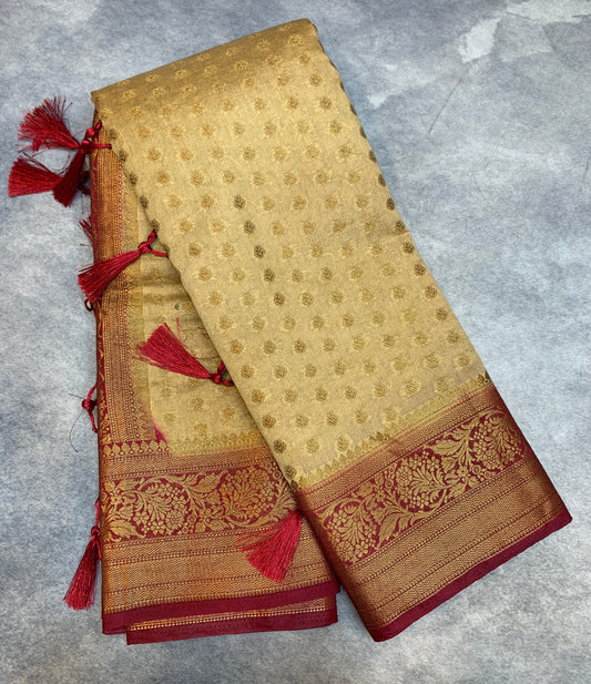 Crepe Saree Sandal Colour with Maroon Border