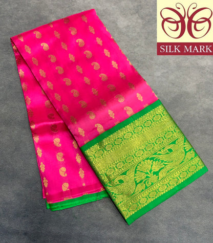 Pink Shade Pure Kanchipuram Kids Pattu Pavadai with Contrast Border for age 2 to 5