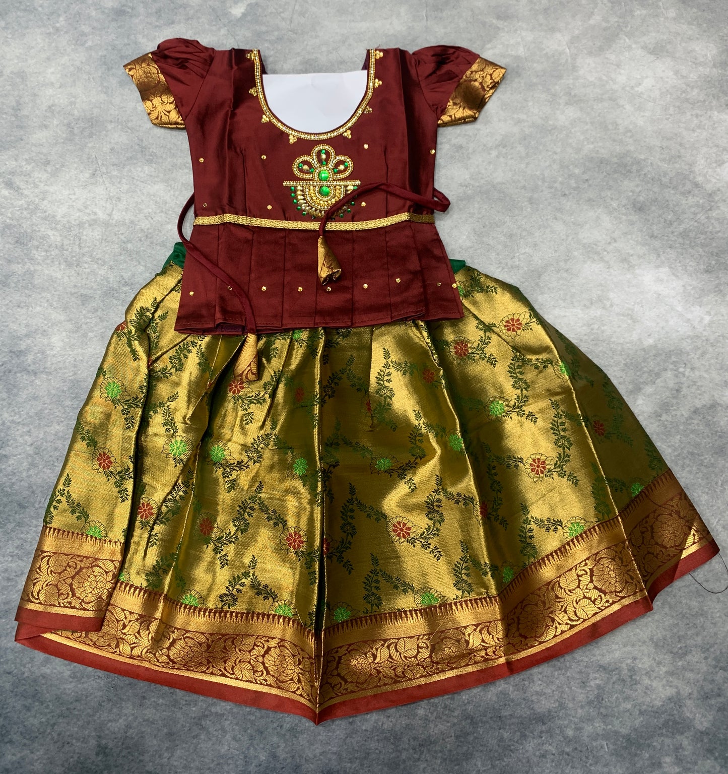 Ready To Wear Golden Green Pavadai with Contrast Brown Blouse - 6 months Baby