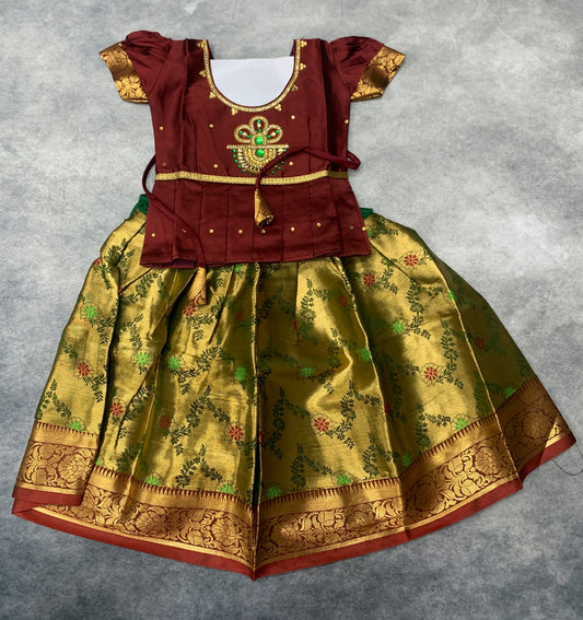 Ready To Wear Golden Green Pavadai with Contrast Brown Blouse - 6 months Baby