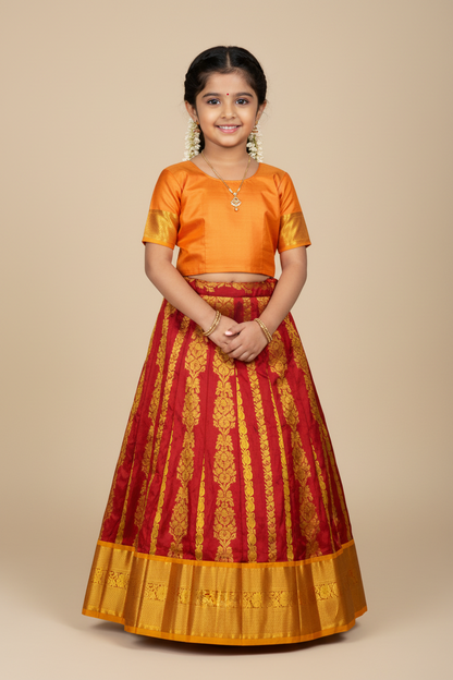 Brown shade Pure Kanchipuram Kids Pattu Pavadai with contrast border for age 5 to 10