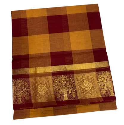 Chettinad Cotton Saree Mustard and Brown Colour with Checked Design