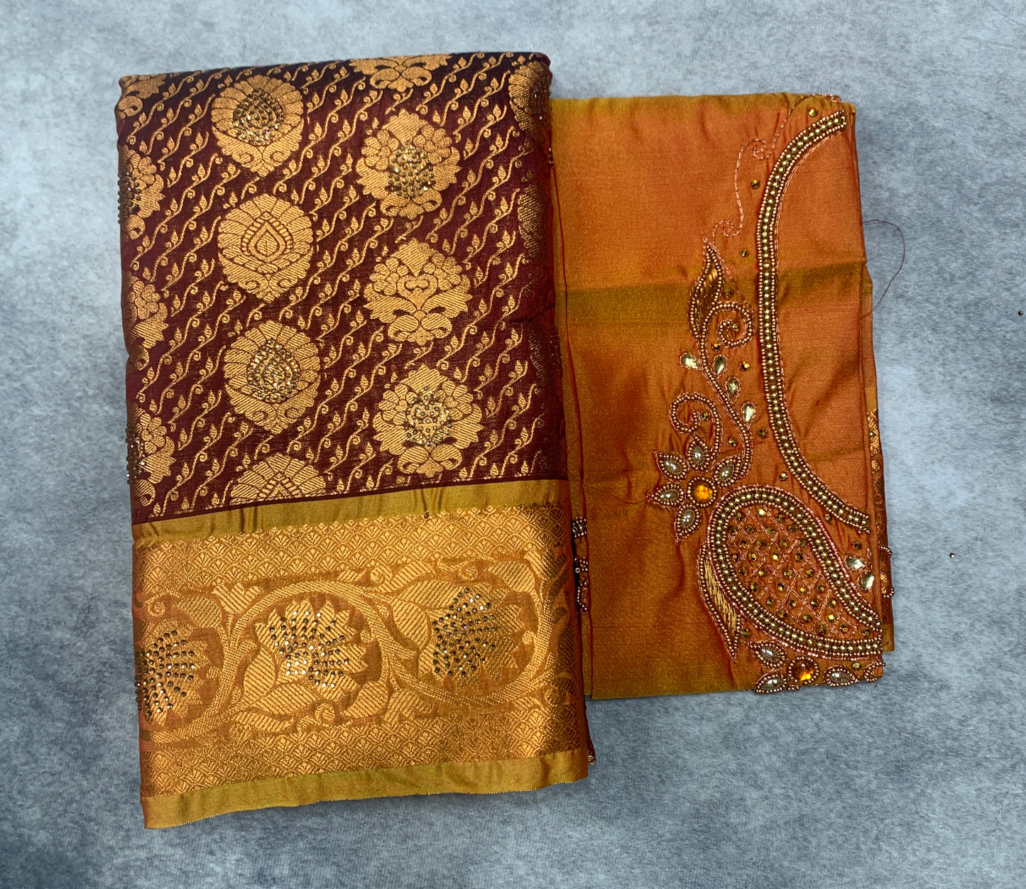 Bridal Vegan Silk Saree Brown shade with Golden Yellow Border with Unstitched blouse in Aari Work