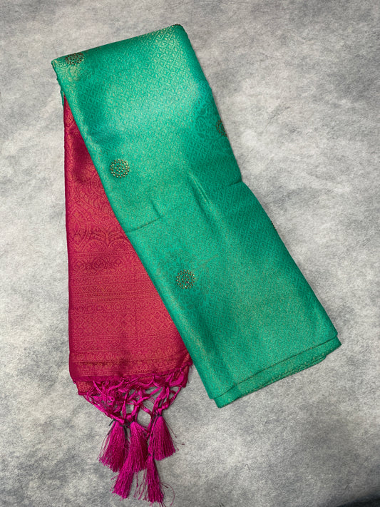 Soft Silk Saree Sapphire Colour and Stone Work with Pink Colour Pallu