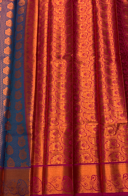 Vegan Silk Saree Blue Colour with Copper and Purple Border