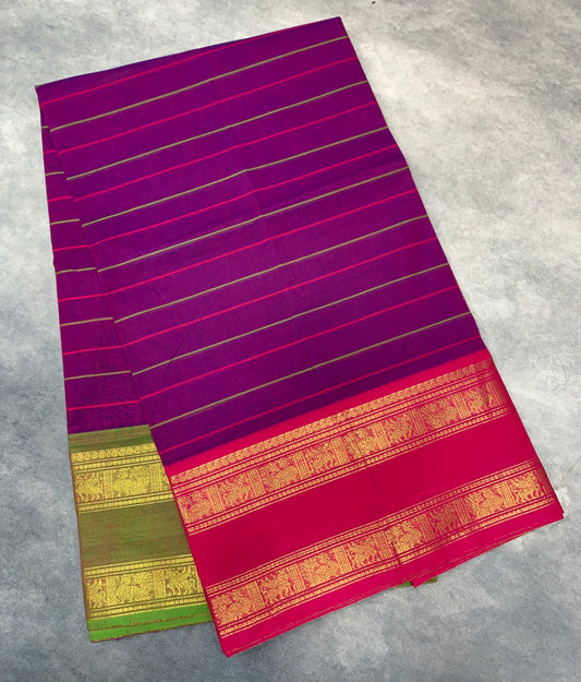Chettinad Cotton Saree Purple Colour with Pink Rettai Pettu Border