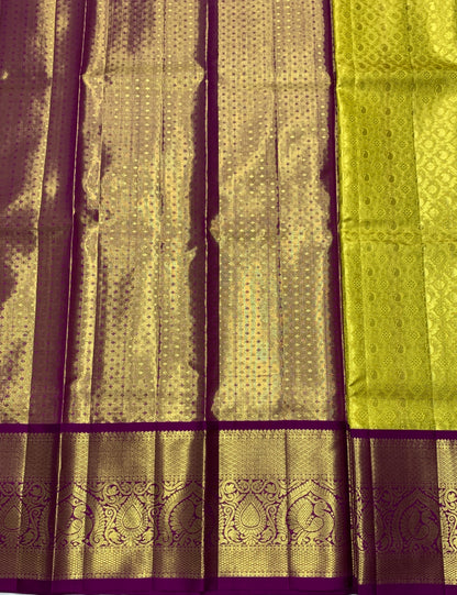 Yellow Shade Pure Kanchipuram Kids Pattu Pavadai with Contrast Border for age 5 to 10