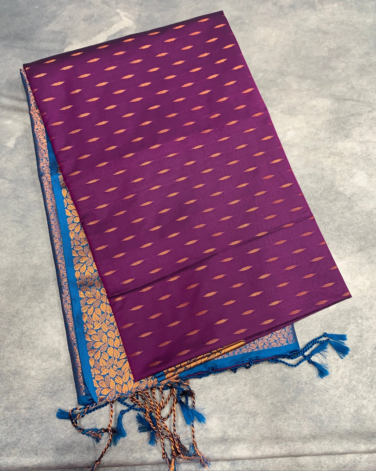 Soft Vegan Silk Saree Magenta Colour with Sky Blue and Copper Border