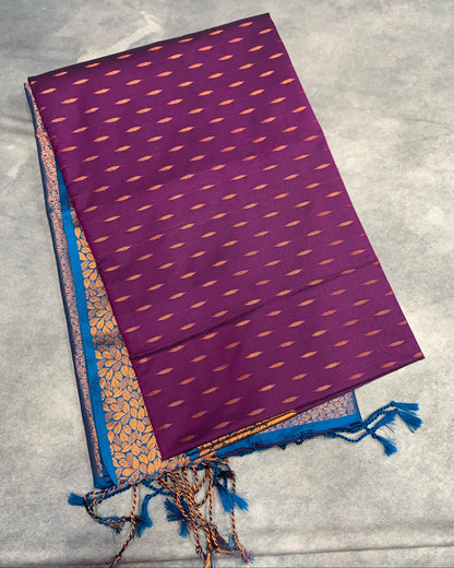 Soft Vegan Silk Saree Magenta Colour with Sky Blue and Copper Border