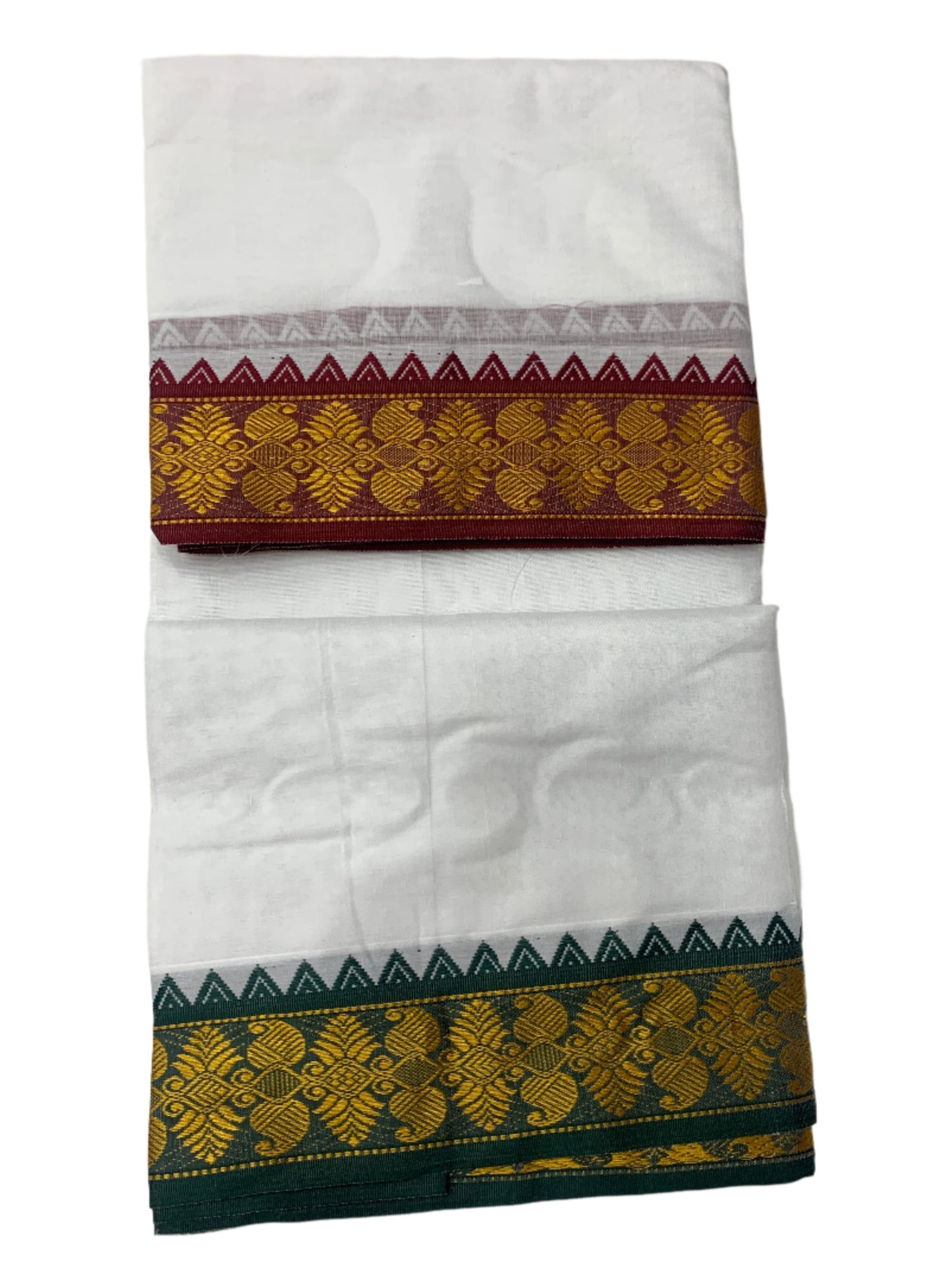 9X5 Cotton Dhoti White Maroon and Green Border with Angavastram