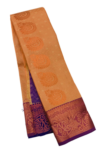 Vegan Silk Saree Light Orange Colour with Copper Border