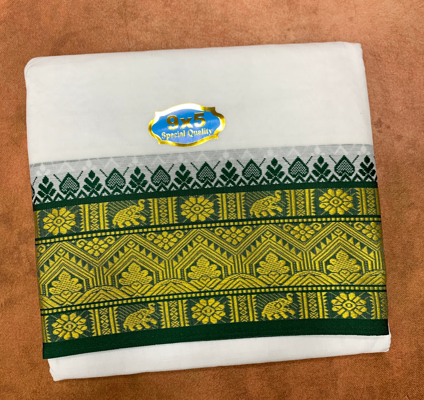 9X5 Cotton Dhoti White with Green and Violet Ganga Jamuna Border