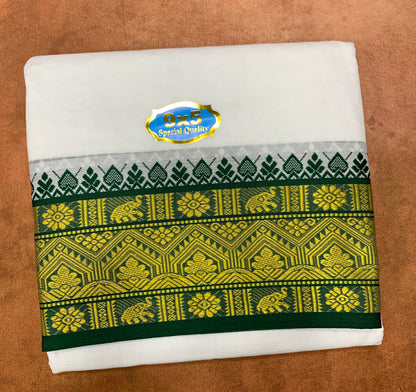 9X5 Cotton Dhoti White with Green and Violet Ganga Jamuna Border