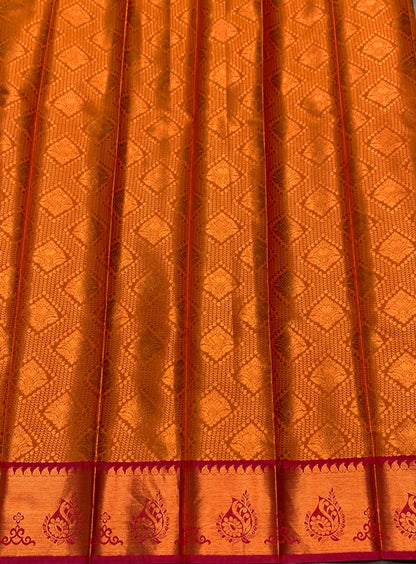 Vegan Silk Saree Golden Yellow Colour with Pink and Copper Border
