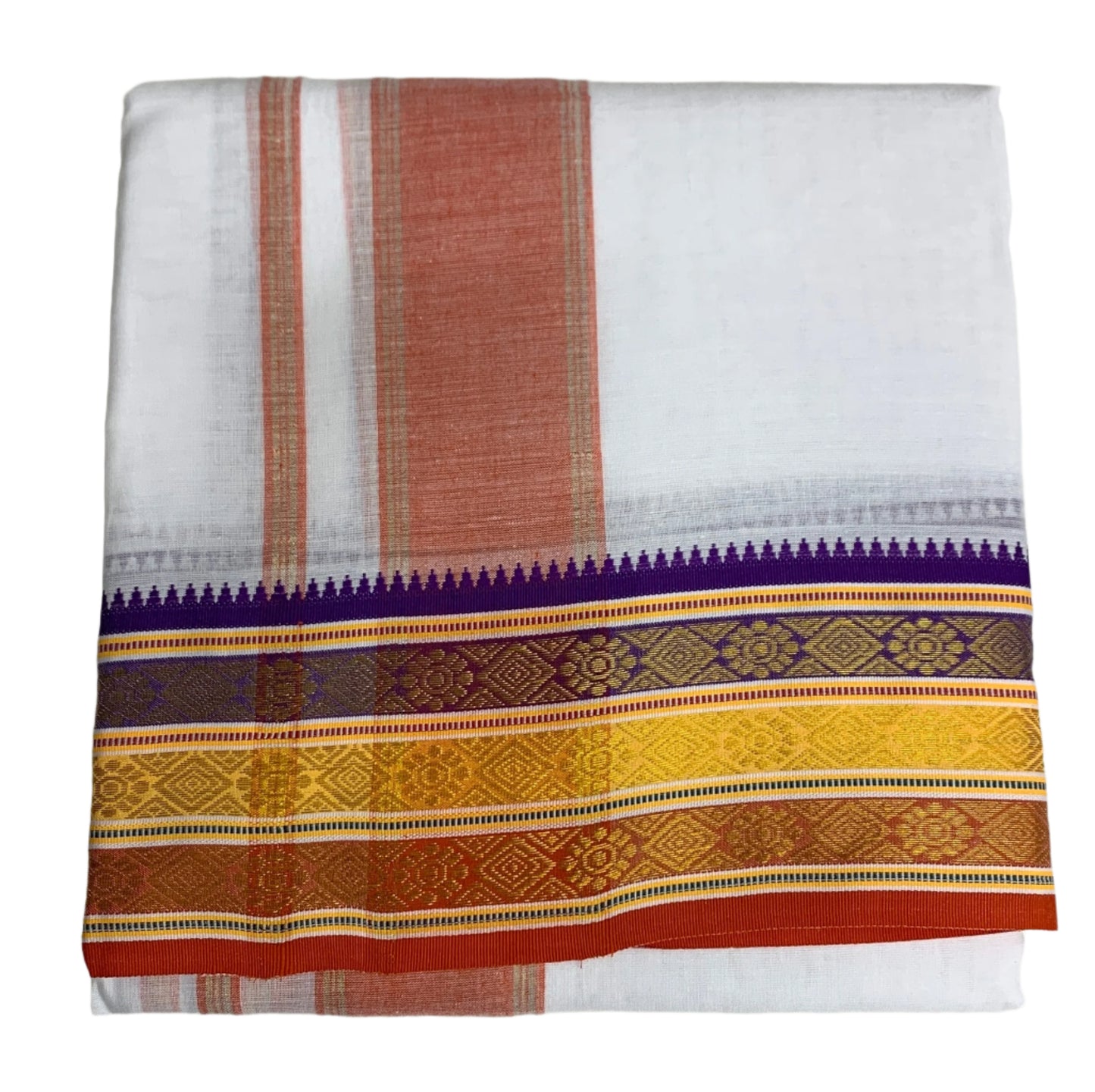 9X5 Cotton Dhoti White Colour with Violet,Red and Yellow Border